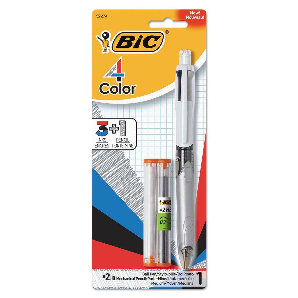 BIC 4-Color 3 + 1 Multi-Color Ballpoint Pen/Pencil, Retractable, 1 mm Pen/0.7 mm Pencil, Black/Blue/Red Ink, Gray/White Barrel