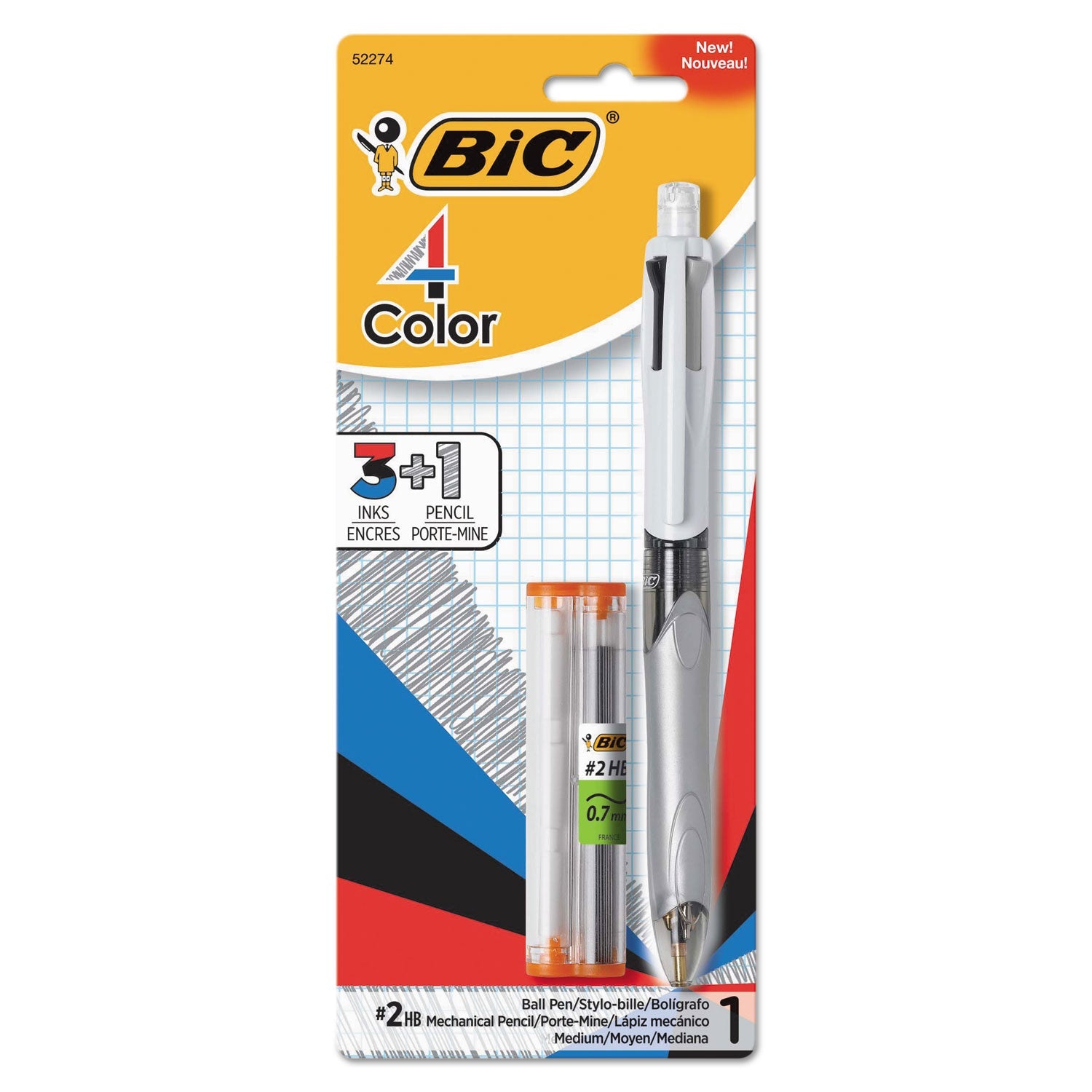 BIC 4-Color 3 + 1 Multi-Color Ballpoint Pen/Pencil, Retractable, 1 mm Pen/0.7 mm Pencil, Black/Blue/Red Ink, Gray/White Barrel