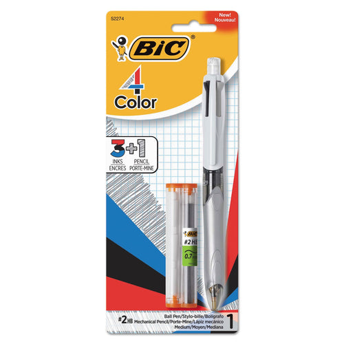 BIC 4-Color 3 + 1 Multi-Color Ballpoint Pen/Pencil, Retractable, 1 mm Pen/0.7 mm Pencil, Black/Blue/Red Ink, Gray/White Barrel
