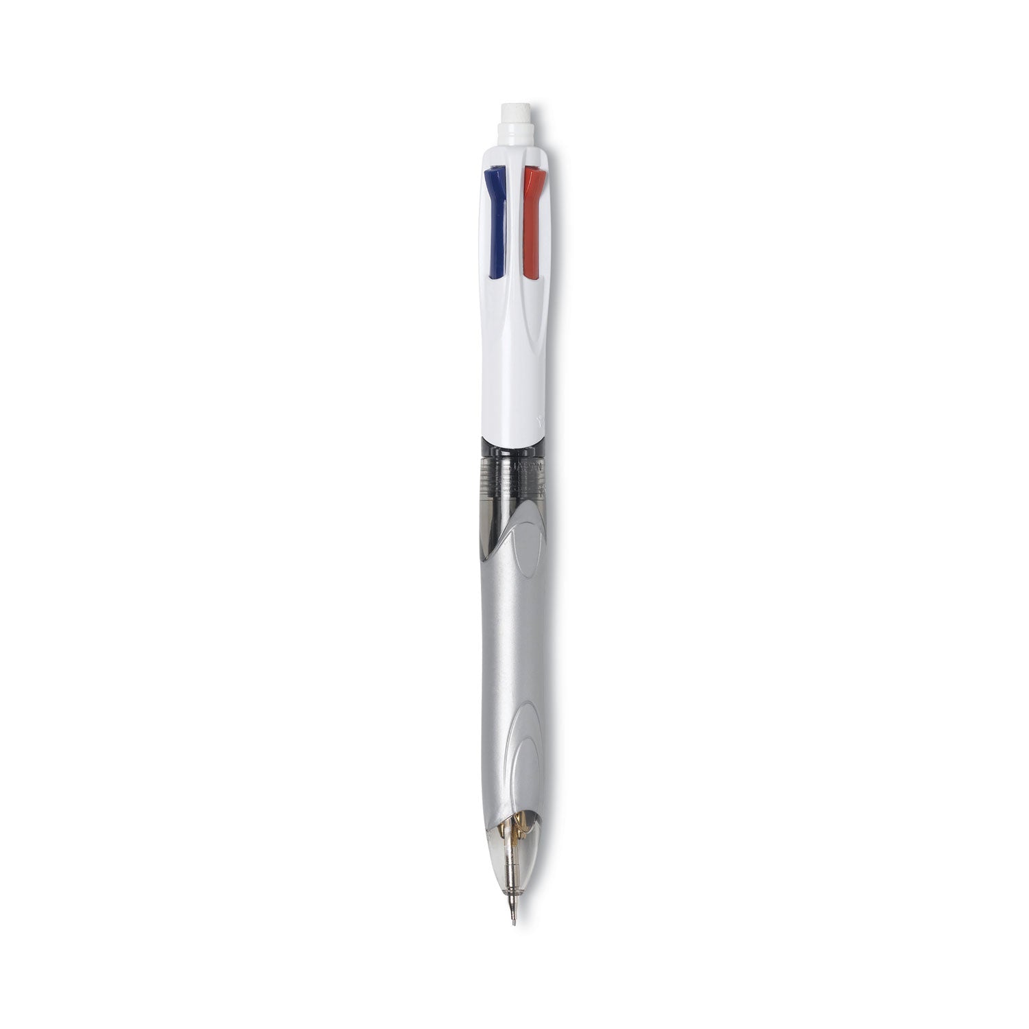 BIC 4-Color 3 + 1 Multi-Color Ballpoint Pen/Pencil, Retractable, 1 mm Pen/0.7 mm Pencil, Black/Blue/Red Ink, Gray/White Barrel