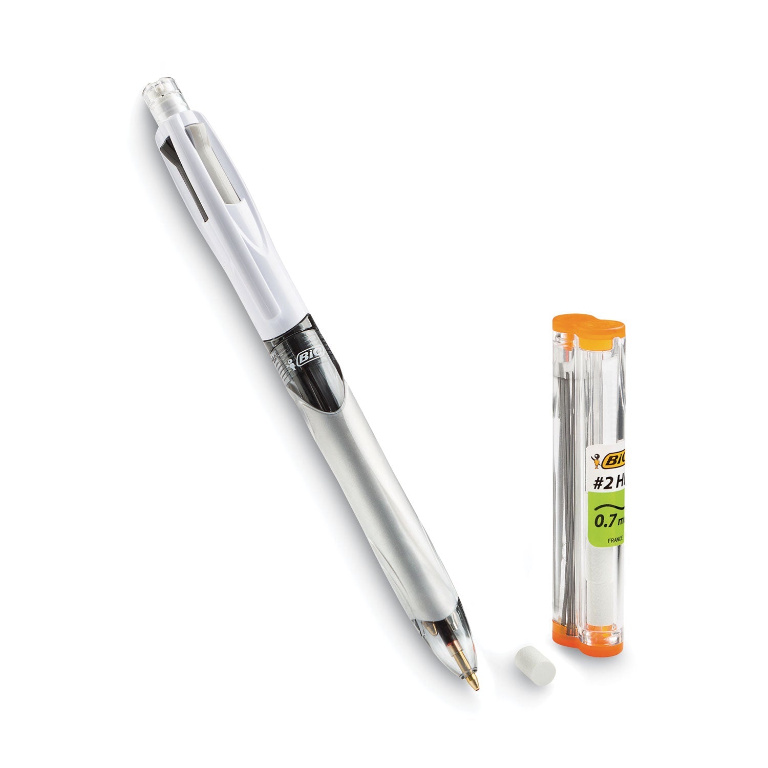 BIC 4-Color 3 + 1 Multi-Color Ballpoint Pen/Pencil, Retractable, 1 mm Pen/0.7 mm Pencil, Black/Blue/Red Ink, Gray/White Barrel