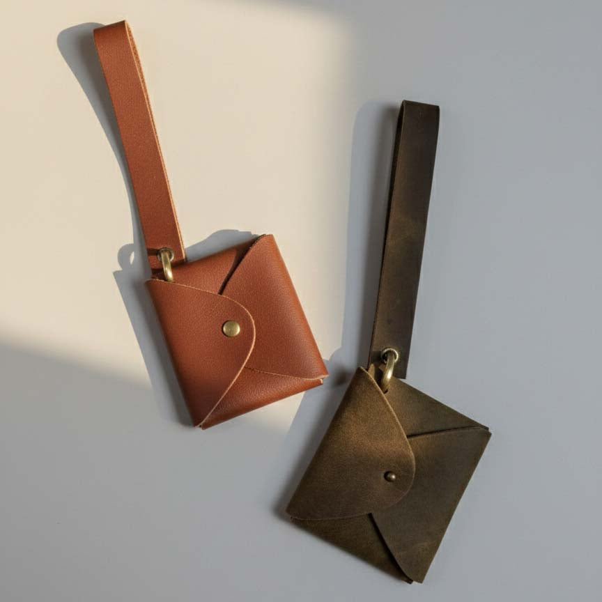 Leather AirPod Pouch | Wrist Strap & Brass Keyring, Suede or Tooled