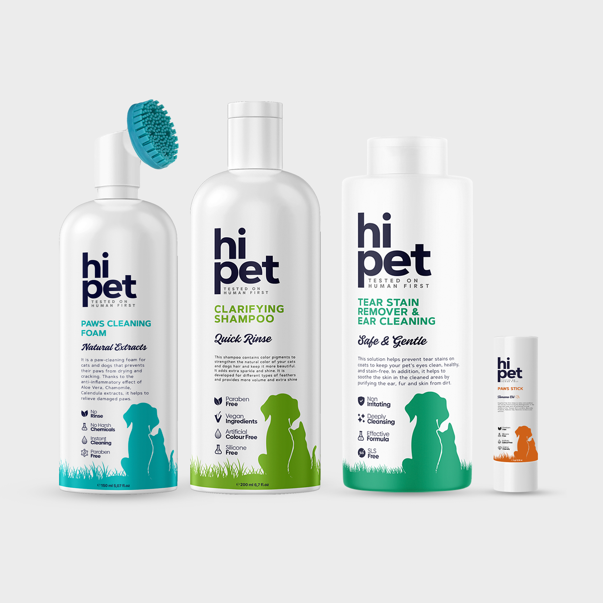 HiPet Effective Cleaning Set, Clarifying Shampoo + Tear Stain & Ear Solution + Paw Cleaning Foam + Paw & Nose Balm, 4-Piece Bundle