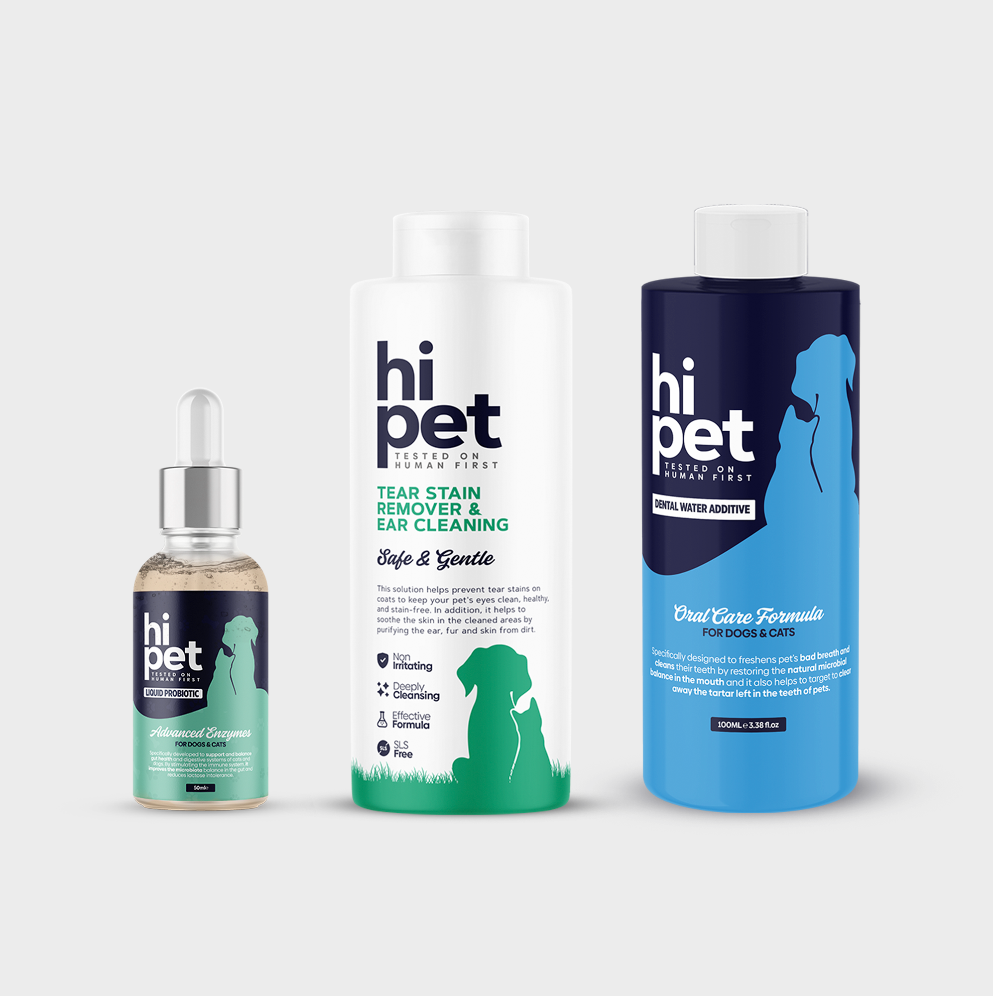 HiPet Daily Care Set, Tear Stain & Ear Cleaning Solution + Oral Care Water + Liquid Probiotic, 3-Piece Bundle
