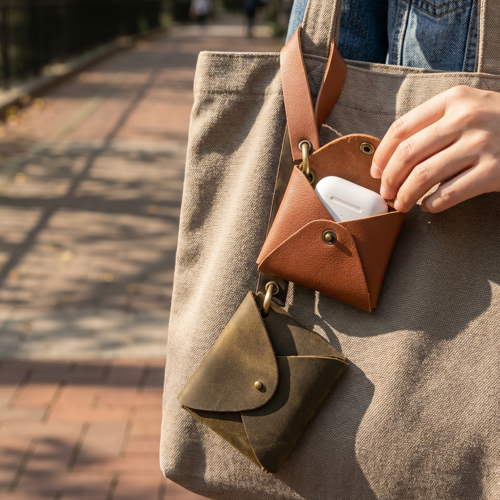Leather AirPod Pouch | Wrist Strap & Brass Keyring, Suede or Tooled