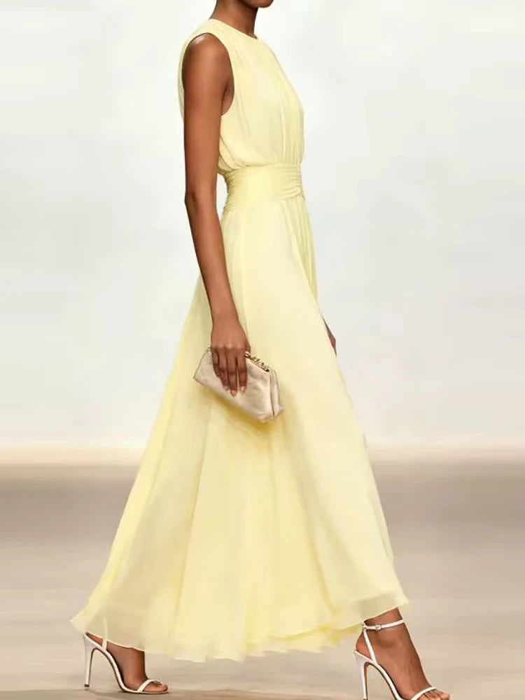 Elegant Chic Women's Sleeveless Maxi Dress O-Neck Solid Patchwork Summer Party Streetwear Holiday Fashion Ladies Dress