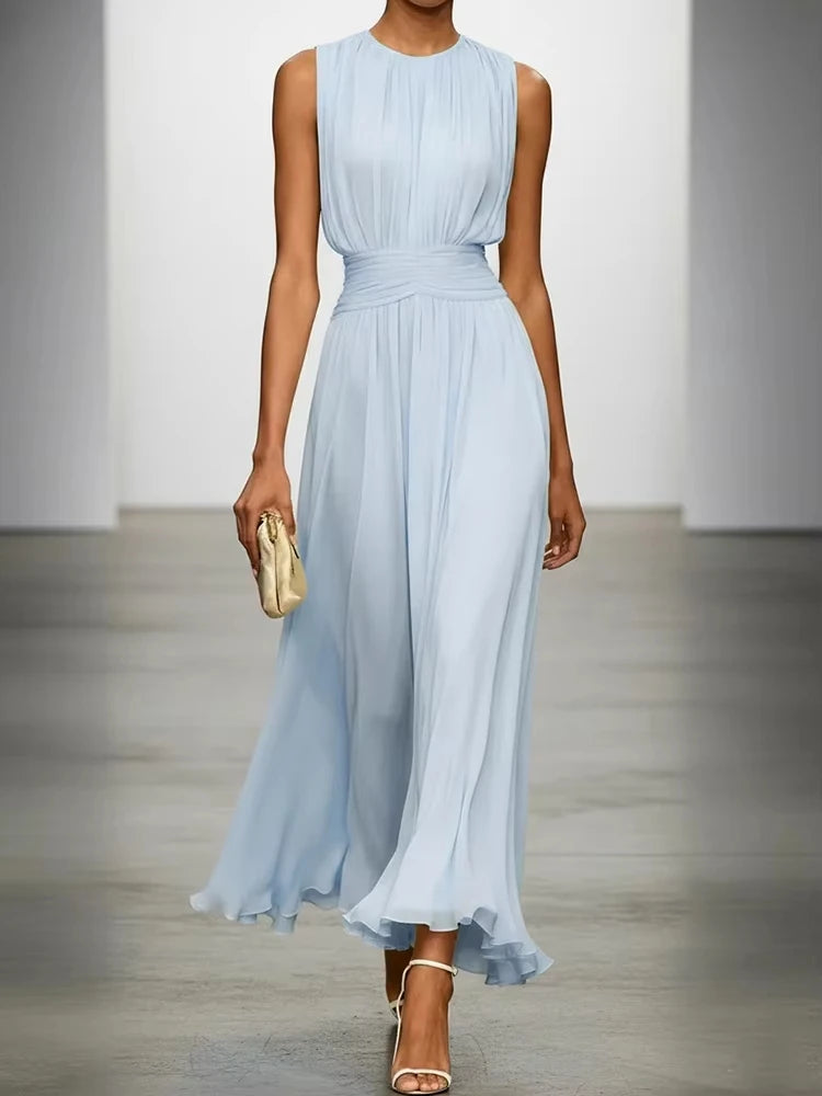 Elegant Chic Women's Sleeveless Maxi Dress O-Neck Solid Patchwork Summer Party Streetwear Holiday Fashion Ladies Dress