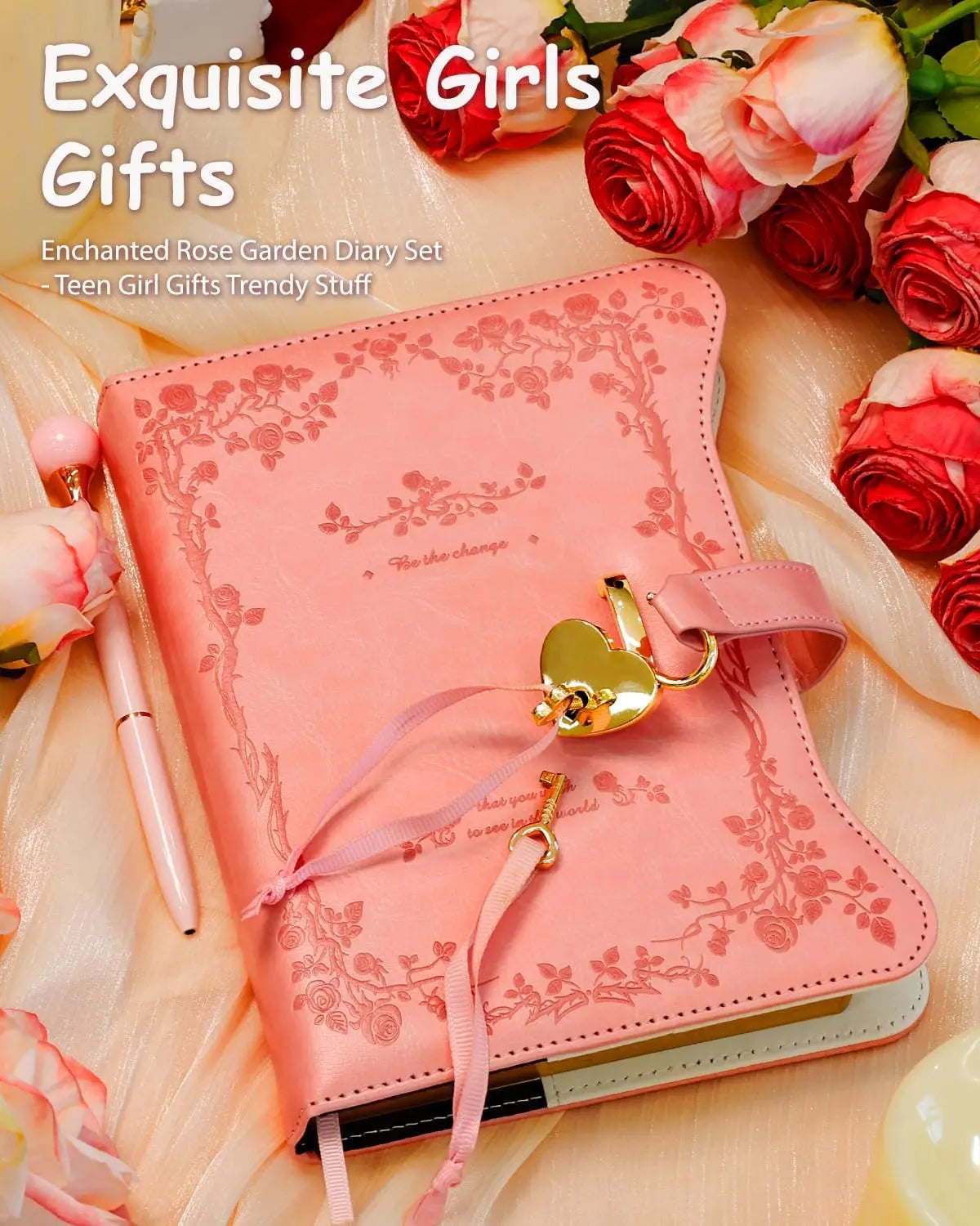 Lockable Diary with Golden Edges, 360 Pages Journal for Girls, B6 Notebook with Pen and Bookmark in Pink