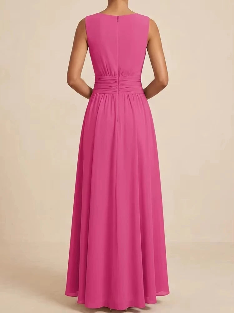 Elegant Chic Women's Sleeveless Maxi Dress O-Neck Solid Patchwork Summer Party Streetwear Holiday Fashion Ladies Dress