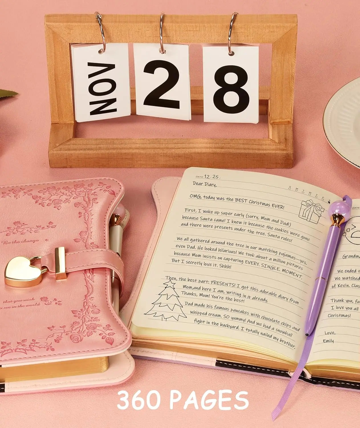 Lockable Diary with Golden Edges, 360 Pages Journal for Girls, B6 Notebook with Pen and Bookmark in Pink