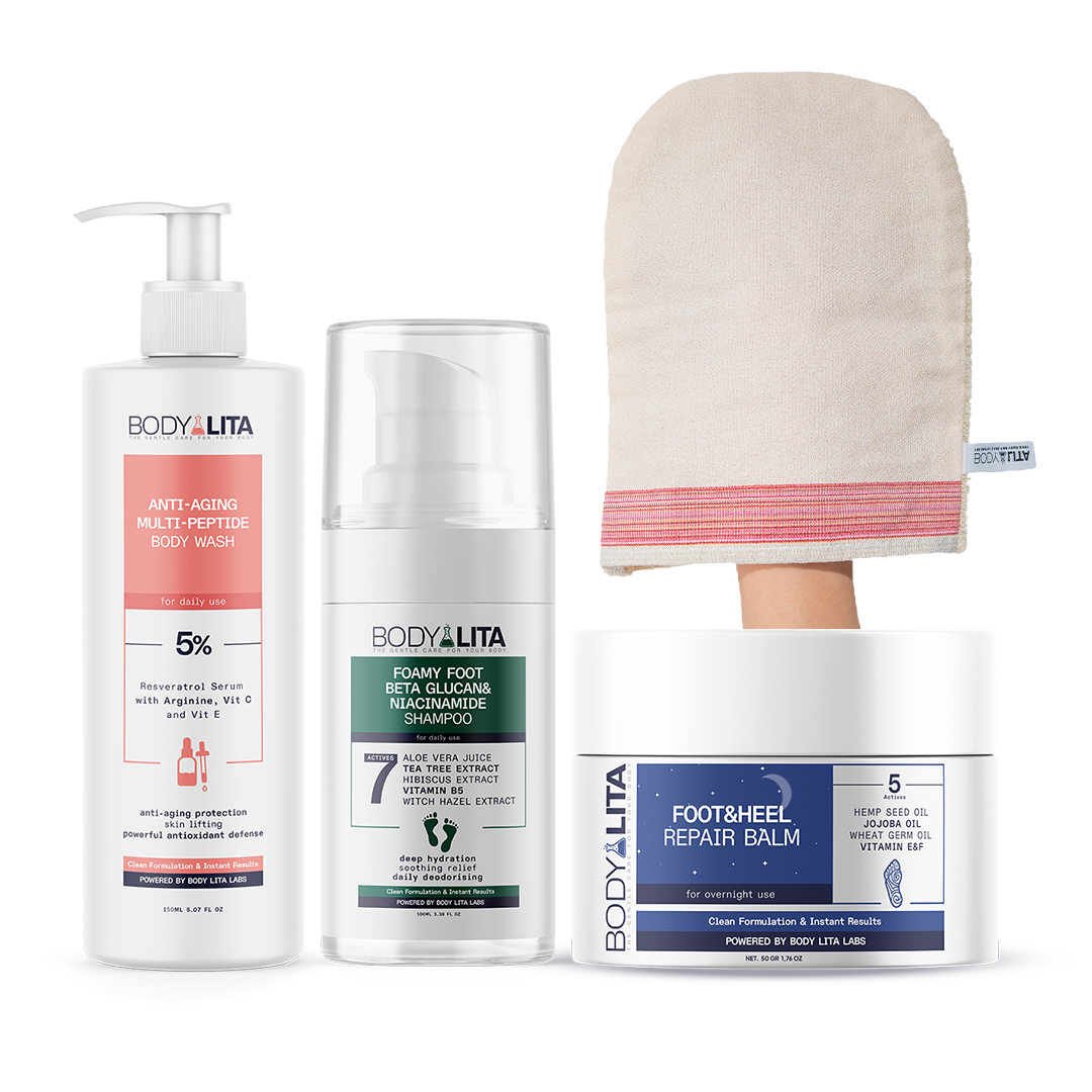 BodyLita Body & Foot Care Routine Set, Anti-Aging Body Wash + Foot Shampoo + Heel Repair Balm Bundle