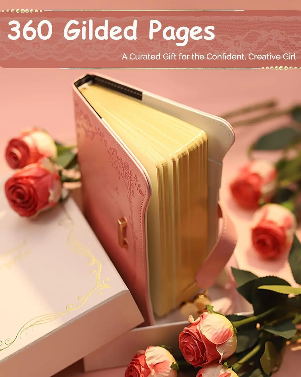 Lockable Diary with Golden Edges, 360 Pages Journal for Girls, B6 Notebook with Pen and Bookmark in Pink