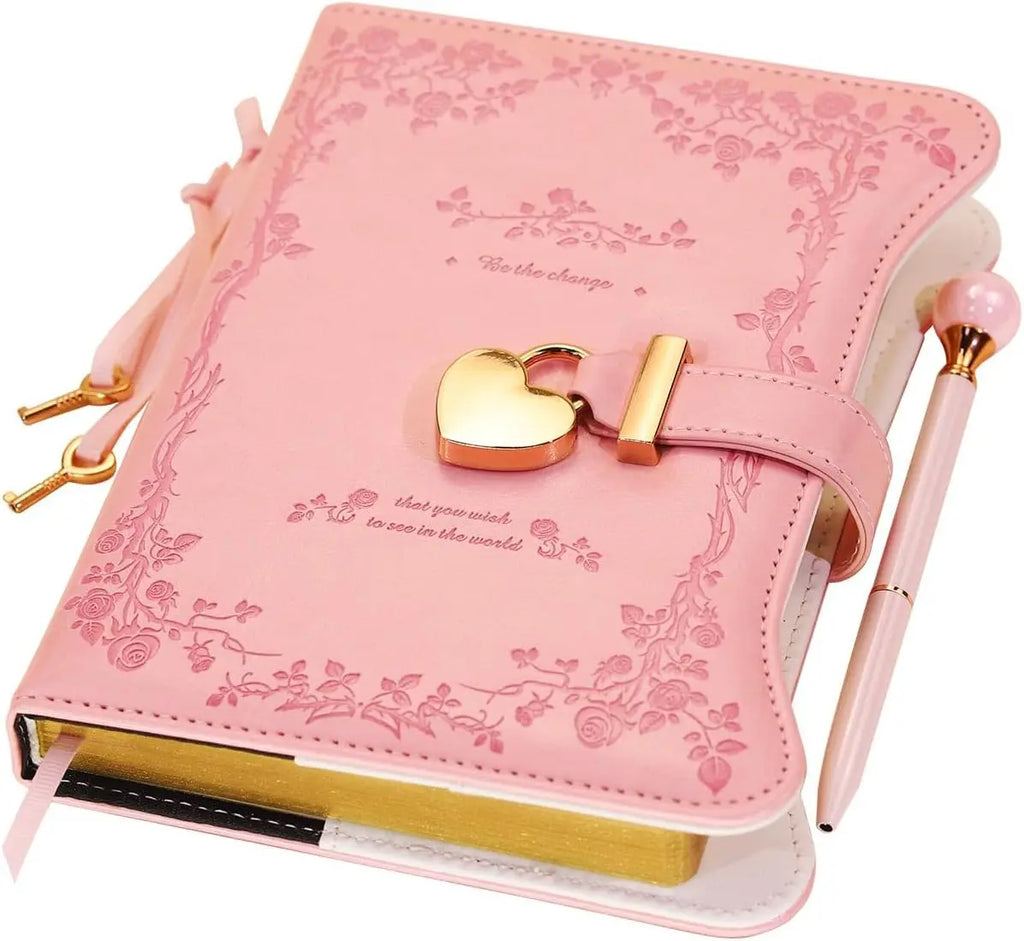 Lockable Diary with Golden Edges, 360 Pages Journal for Girls, B6 Notebook with Pen and Bookmark in Pink