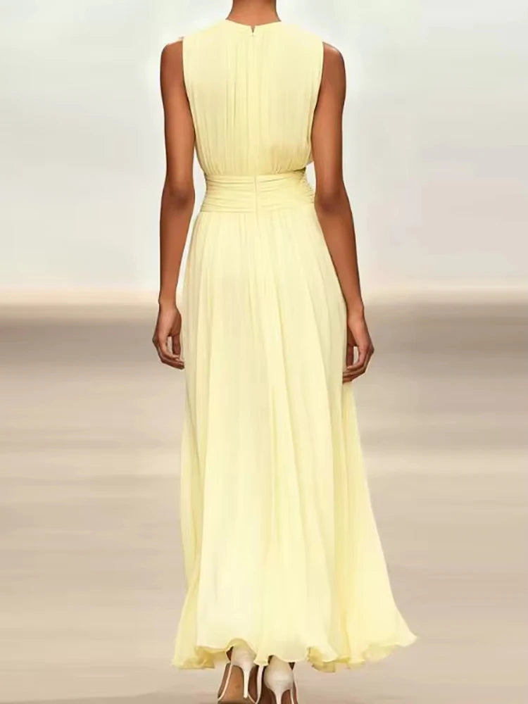 Elegant Chic Women's Sleeveless Maxi Dress O-Neck Solid Patchwork Summer Party Streetwear Holiday Fashion Ladies Dress