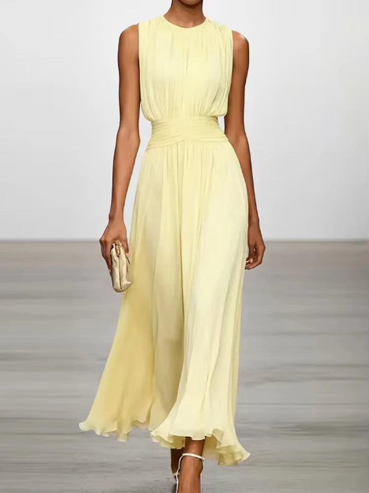 Elegant Chic Women's Sleeveless Maxi Dress O-Neck Solid Patchwork Summer Party Streetwear Holiday Fashion Ladies Dress